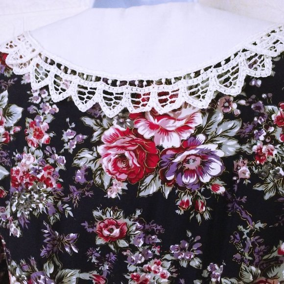80's Brandywine Creek Dark Floral Prairie Dress Granny Lace Collar 9/10 Puffy SS - Picture 12 of 12
